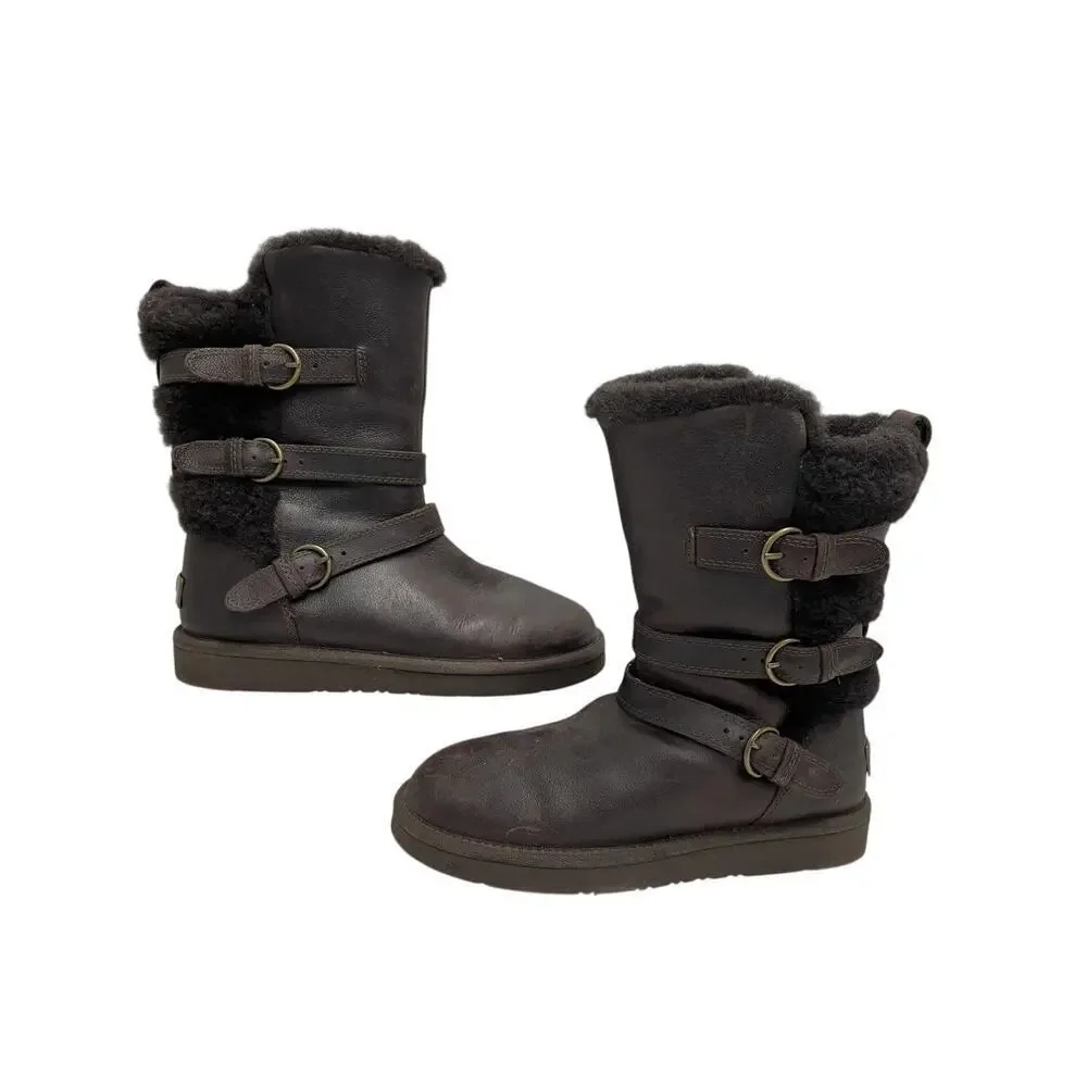 UGG Australia Chocolate Brown Leather Bow Buckle Mid-Calf Boot Size 7 Brand New